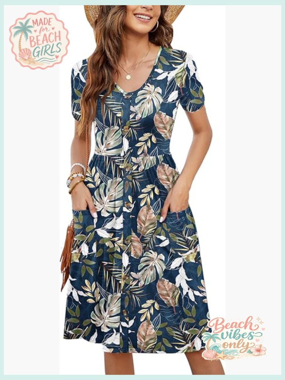 Short Sleeve V-Neck Button Down Swing Dress with Pockets
